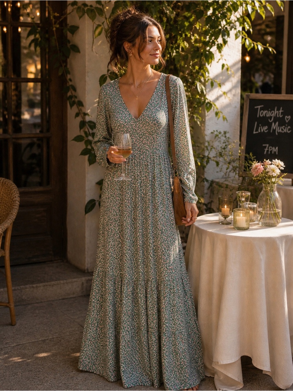 Boden Floral Maxi Dress Long Sleeve V-Neck Size US 4 Green Pink